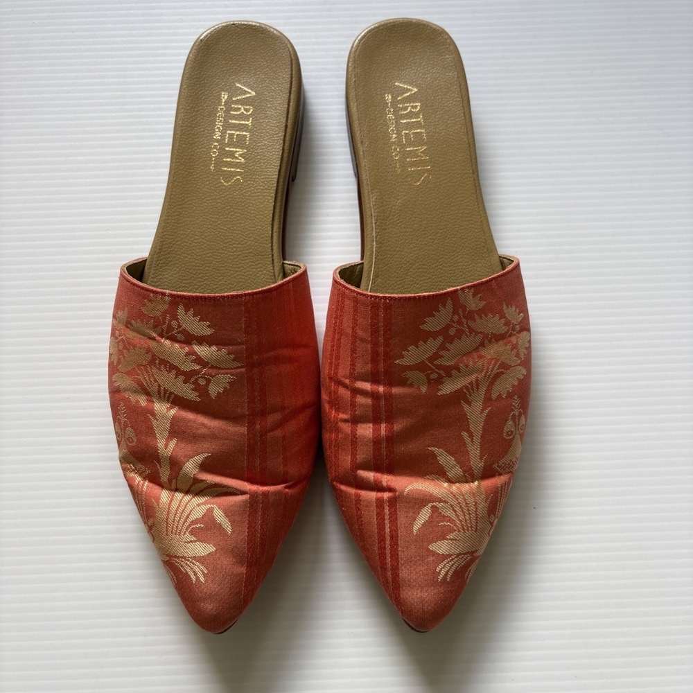 Artemis‎ Design Co. Orange Asian Design Gold Floral Flats Mules Slides Size 39